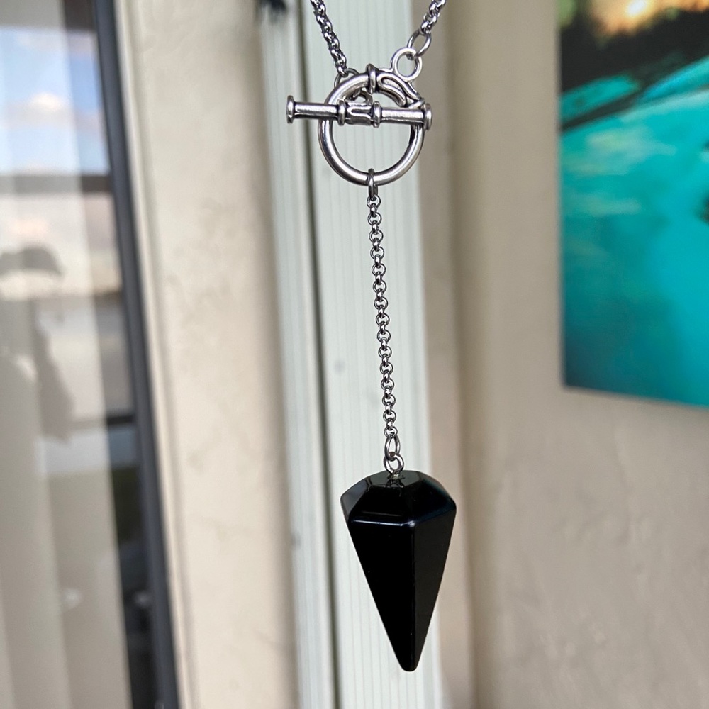 Onyx pendulum necklace . Stainless steel lariat Y shape onyx charm boho choker - Picture 9 of 13